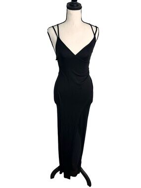 Guess Black Strappy Back Maxi Dress High Slit XS Ruched V-Neck W81B2A